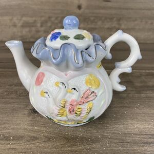 Vintage Dressed Up Geese Floral Teapot with Lid Ceramic 2 Pcs - 4 inch